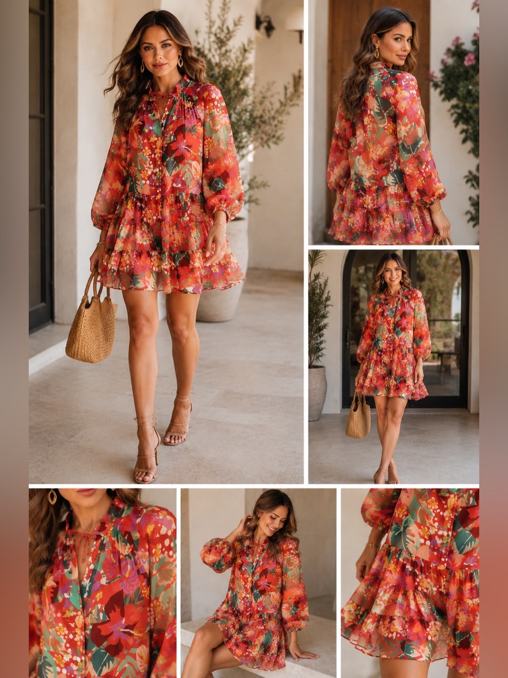 ANTONIO MELANI Red Multi Floral Ruffle Tunic Dress